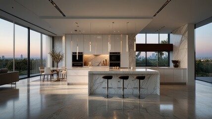 Obraz premium a modern and luxurious kitchen with a predominantly white color palette. Sleek white cabinets complement the gleaming marble countertops, creating a clean and sophisticated aesthetic.