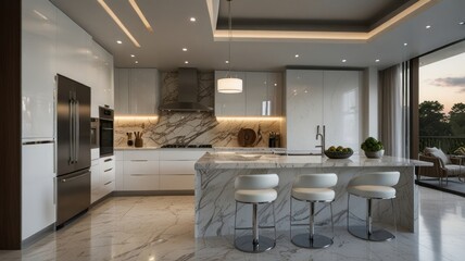 Fototapeta premium a modern and luxurious kitchen with a predominantly white color palette. Sleek white cabinets complement the gleaming marble countertops, creating a clean and sophisticated aesthetic.