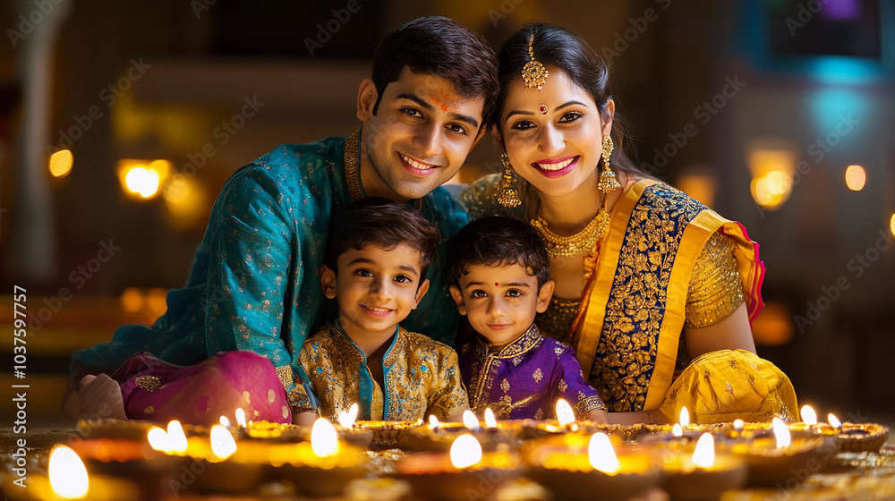 Wall mural Potrait of family wearing ethnic clothes on deepawali festival