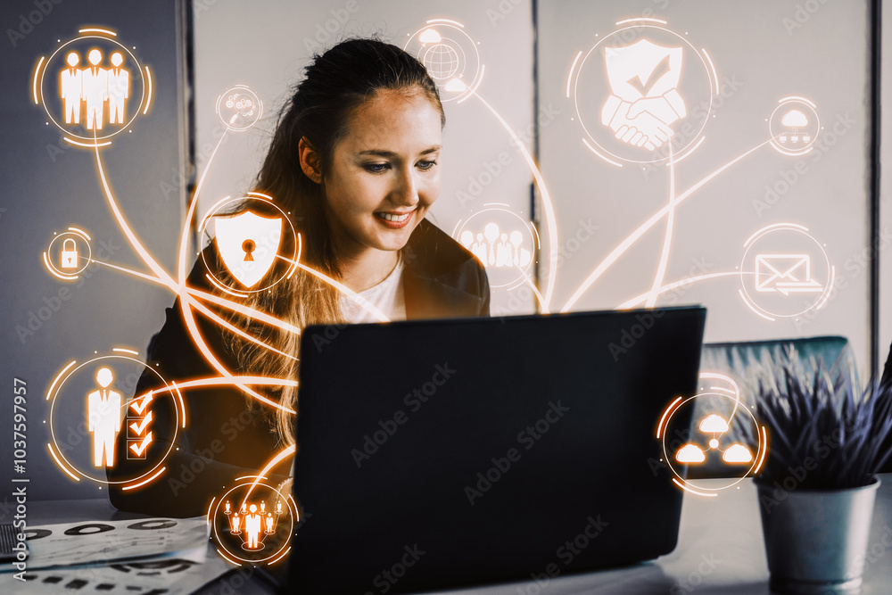 Poster cyber security and digital data protection concept. icon interface showing secure firewall technolog