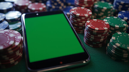 A smartphone displaying a green screen, positioned next to a stack of poker chips, symbolizing mobile betting