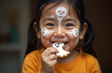 An Asian child with a face painting on Halloween eats cookies decorated as Halloween ghosts