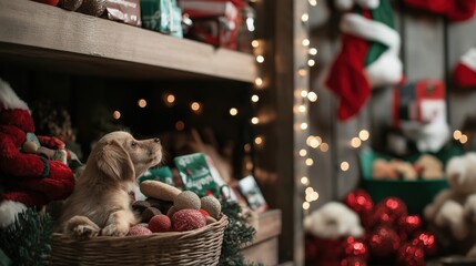 Holiday themed pet store display with festive toys and treats for christmas shopping