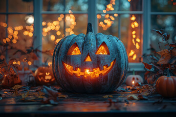 Fototapeta premium A family decorating their home with pumpkins and spooky decorations, preparing for Halloween night. Concept of seasonal celebration.