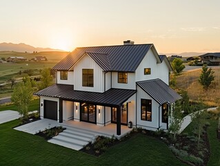Modern farmhouse with black roof at sunset