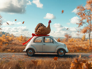 A white car drives down a road in the fall with a turkey on top. Thanksgiving day
