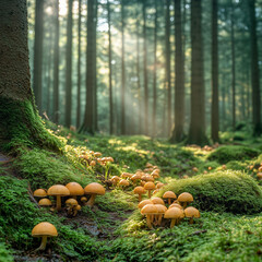mushrooms in the forest with light rays
