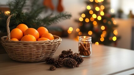 A wicker basket filled with oranges, pine cones, and a jar of cinnamon sticks on a wooden surface with a blurred Christmas tree in the background.