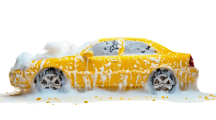 Professional car during wash cycle, clean foam and soap isolated streams, water lifting dirty automobile traces, service creating gleaming pristine sparkling finish