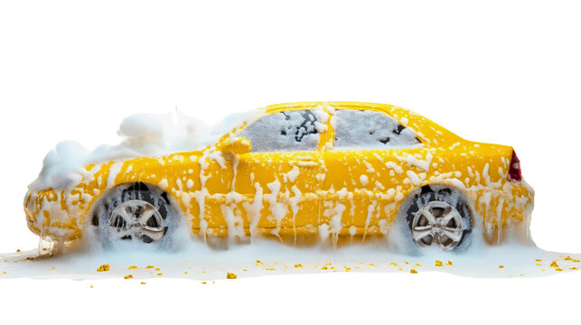 Professional car during wash cycle, clean foam and soap isolated streams, water lifting dirty automobile traces, service creating gleaming pristine sparkling finish