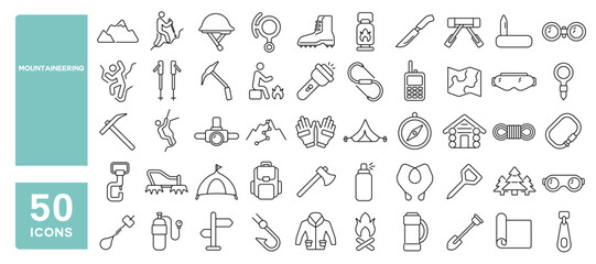 Set of 50 line icons related to mountaineering, mountain, adventure, climb, outdoor, hike, trek, summit, snow, peak, altitude, Editable stroke. Vector illustration