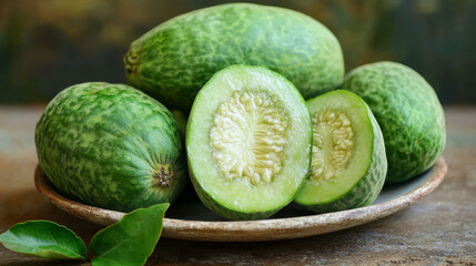 Freshly picked green feijoa fruits arranged on a light-colored plate, showcasing their vibrant color and natural appeal.






