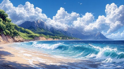 A serene beach scene with waves, mountains, and vibrant clouds under a clear blue sky.