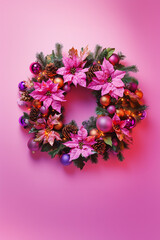 Obraz premium Christmas wreath with purple and pink poinsettias, golden pine cones, pink baubles, and orange lights on pastel purple background