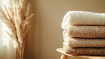 A stack of soft, neutral-toned woolen blankets, neatly folded on a wooden stool, bathed in warm, natural sunlight creating a cozy and inviting atmosphere at home.