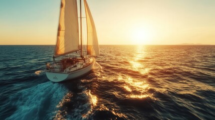 An expansive view of the ocean reveals a sailboat navigating smoothly amid the sparkling golden glow of sunset, symbolizing peace, journey, and infinite horizons.