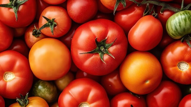A close-up display of vibrant tomatoes, highlighting their natural textures and freshness. The image exudes a sense of health and organic quality. - Powered by Adobe