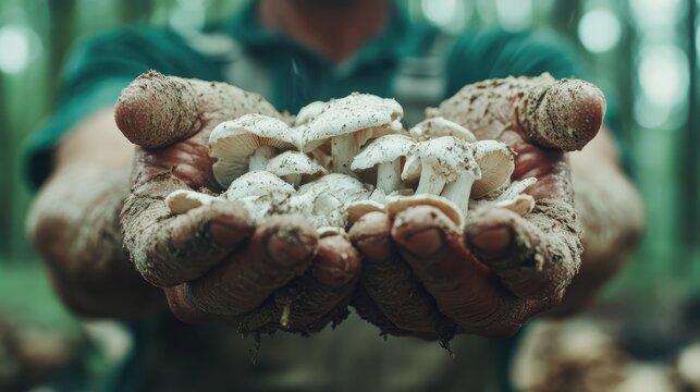 Hands covered in soil holding a fresh bunch of wild mushrooms, freshly harvested from the forest, symbolizing nature's bounty and the joy of foraging adventures.