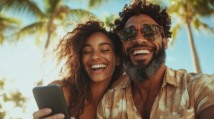 In a bright and sunny setting, a couple enjoys each other's company under tall palm trees, radiating happiness and embodying a carefree and joyful lifestyle.