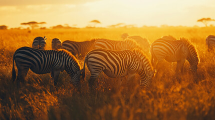 Fototapeta premium A group of wild zebras grazing together