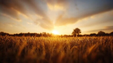 An impressive scene depicting a wheat field bathed in golden hour sunlight, with a solitary tree in the distance amidst sweeping skies and silhouettes.