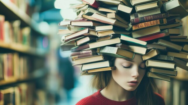 A portrait with many books popping out of the head, Modern lifestyle scene, Whimsical style