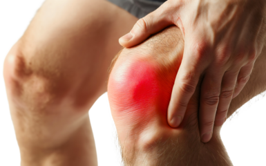 Man young with knee pain and isolated injury joint leg ache and sprain, muscle strain with bone treatment and therapy massage