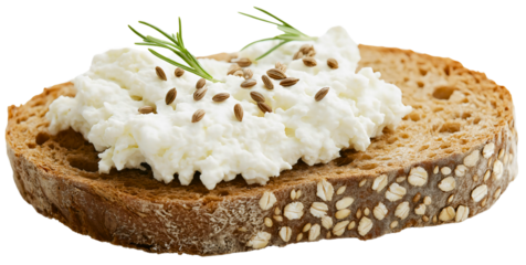 Bread slice and cheese cottage bruschetta with isolated cream snack and breakfast spread, toasted baguette with dairy homemade meal