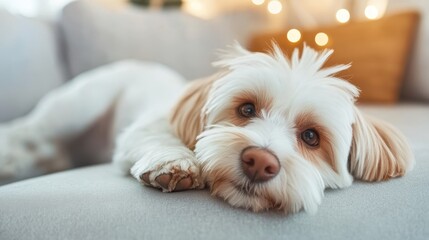 Adorable fluffy dog lounges peacefully on a couch as soft, warm lights twinkle in the background, evoking a sense of coziness and comfort in the scene.