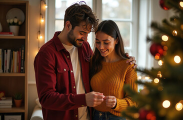  A man hugs in red shirt a girl in orange sweater against the background of a window, a Christmas tree nearby, a cozy homely atmosphere