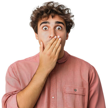 Man young and covering mouth with isolated mistake oops and astonished shocked wonder, surprised face with silent gesture and emotion