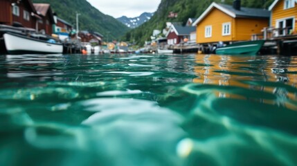 Obraz premium A vibrant waterfront village features colorful traditional houses, with clear emerald waters reflecting the picturesque scene, showcasing a harmonious blend of nature and culture.
