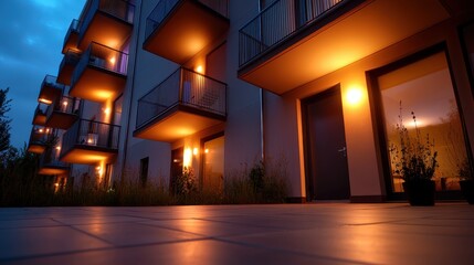 A modern apartment building illuminated by warm amber lighting during the evening, showcasing a row of balconies and an inviting entrance in an urban setting.