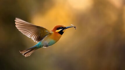 Obraz premium A brilliantly colored bird captured mid-flight with an insect in its beak, surrounded by a vibrant blurred background, demonstrating incredible detail and motion.