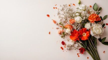 Orange, white, and red flowers with scattered petals on a white background create a vivid and lively image, capturing the essence of natural beauty and creativity.