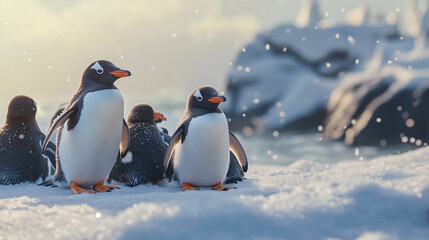 Obraz premium A group of penguins huddling together on an icy landscape.