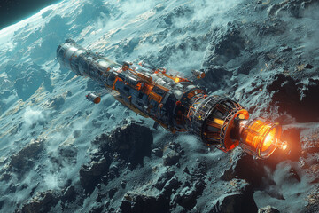 A spacecraft traveling toward a distant exoplanet, symbolizing the search for habitable planets beyond our solar system. Concept of exoplanet exploration.