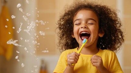 A cheerful child clutches a toothbrush while playfully splashing water with joy, enjoying their fun and energetic morning routine in a brightly lit bathroom space.