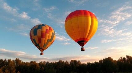 Fototapeta premium Two vibrant hot air balloons drift across a clear sky at dawn, showcasing a scenic and tranquil aerial view that invokes feelings of freedom and adventure in nature.