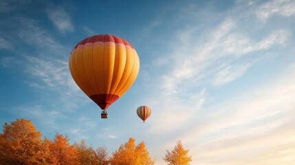 Fototapeta premium Colorful hot air balloons rise into the sky, surrounded by vibrant autumn leaves, creating a picturesque view that captures the beauty and wonder of the fall season.
