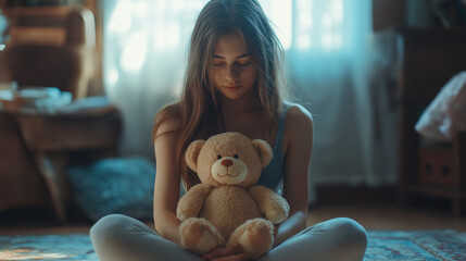  young person sitting on a rug, holding a teddy bear. Soft lighting in a room