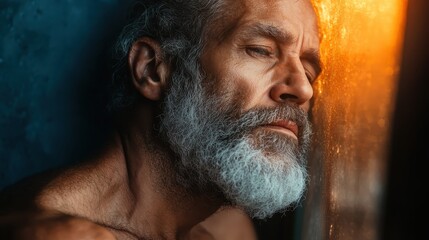 An older man with a contemplative expression rests against a window, basking in the warm, golden light that spills into the room, capturing a serene moment in time.