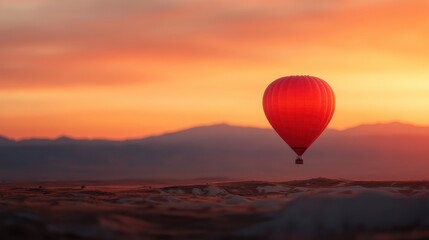A brilliant red hot air balloon contrasts vividly against a softly painted orange sunset sky, representing adventure and tranquility through its graceful and gentle ascent.