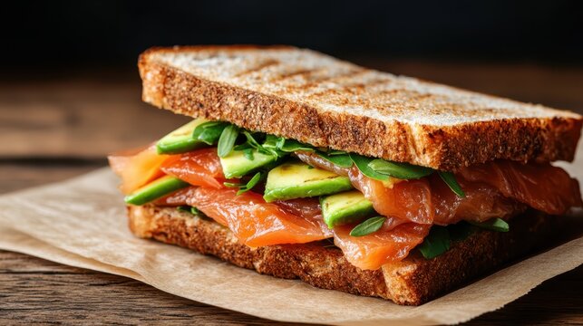 A smoked salmon sandwich filled with avocado and fresh greens on crispy bread, beautifully prepared and ideal for a nutritious and satisfying lunch option.