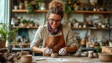 A woman in a craft studio skillfully shapes a clay bowl, fully absorbed in the creative process, surrounded by pottery tools and blooming plants.