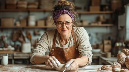A female potter with a purple headband, wearing glasses, skillfully sculpts clay in a cozy studio. Her focus and joy in creation shine through her expression.