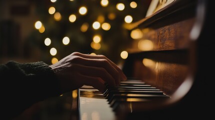 Playing a piano with a soft glow of holiday lights