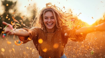 A woman smiling joyously as she throws confetti into the air, standing in a sunlit meadow, capturing the essence of happiness and freedom in nature.
