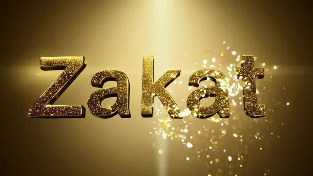 A gold lettering of the word ZAKAT. The letters are shiny and glittery. The word is written in gold and is surrounded by a golden frame