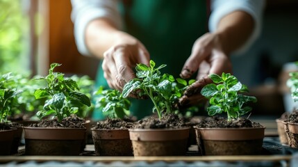 The image shows a close-up of a gardener's hands delicately adjusting young plants in small pots, emphasizing detailed care and dedication amidst a natural light setting.